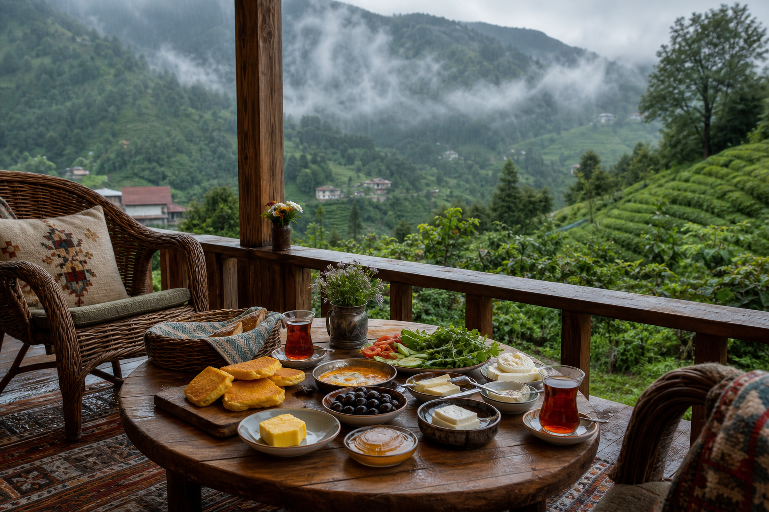 Yayla manzarasına karşı köy kahvaltısı